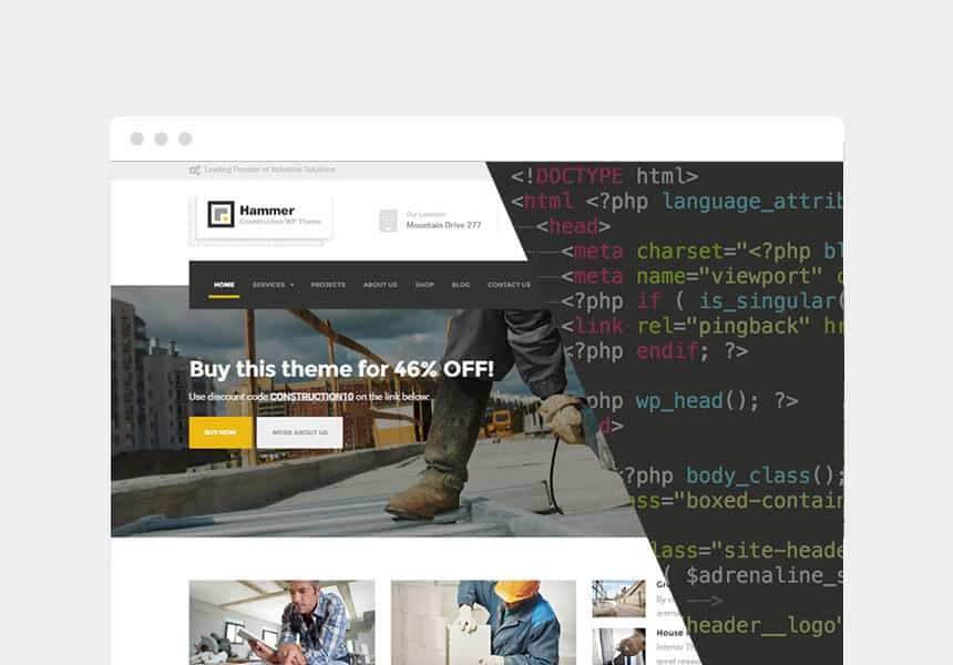 The theme showing the PHP code underneath