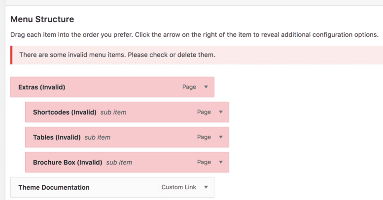 Invalid WordPress menu items in appearance > menus