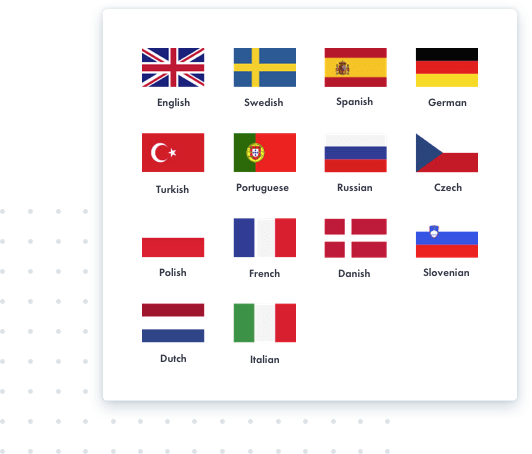 English, Swedish, Spanish, German, Turkish, Portuguese, Russian, Czech, Polish, French, Danish, Slovenian, Dutch, and Italian