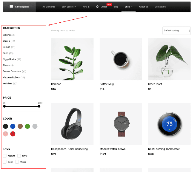 WoonderShop product filters