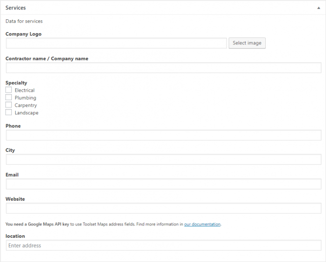 Custom fields of the custom post type - services