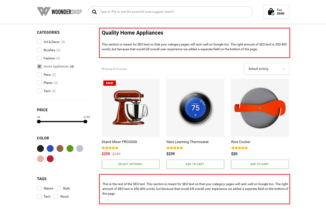 seo text on category page