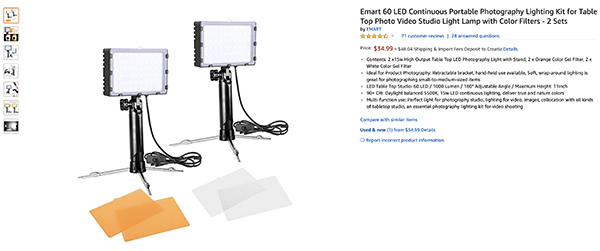 portable lighting kit from Amazon for product photography