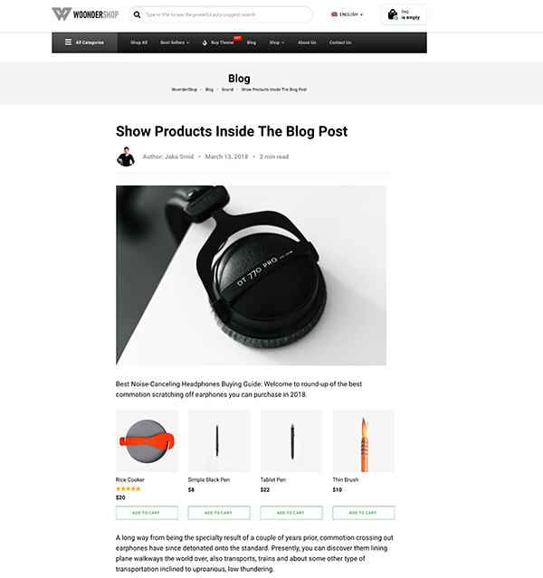 Screenshot of an example of adding products to blog post in Woondershop theme