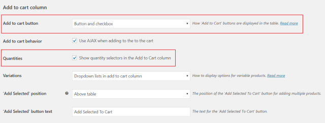 Add to cart options in WooCommerce Product Table's settings