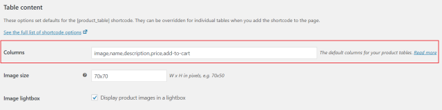Columns option in WooCommerce Product Table's settings