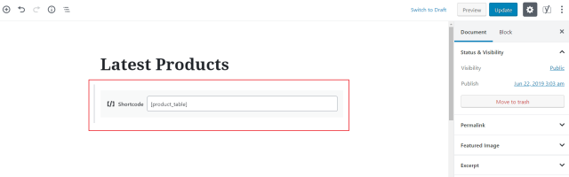 WooCommerce Product Table shortcode in the Gutenberg editor