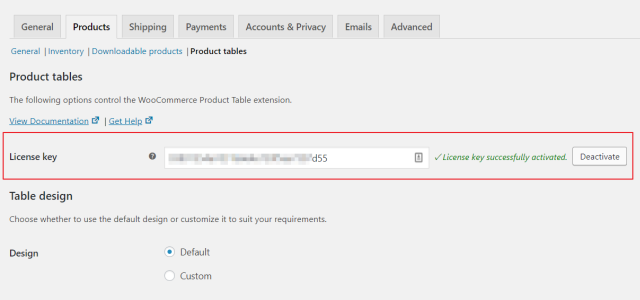 Activate WooCommerce Product Table license key