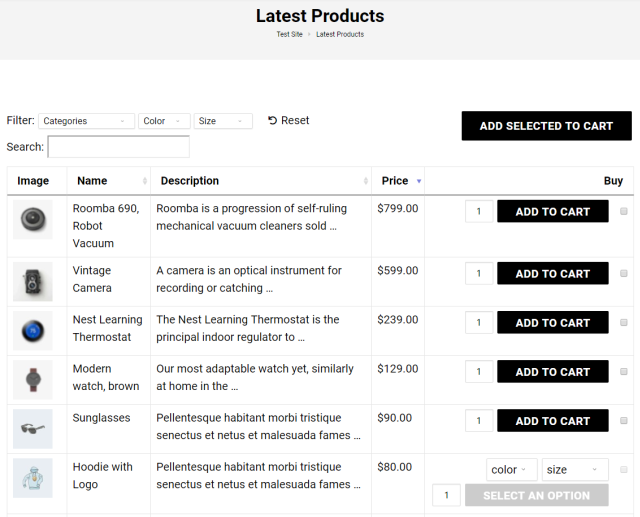 Preview of WooCommerce Product Table on the WoonderShop theme