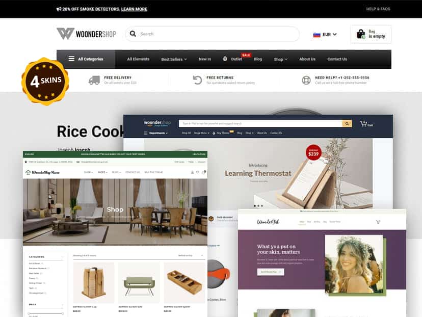 The Woondershop theme, showing all four of its skins — Haven, Jungle, Default, and Fab.